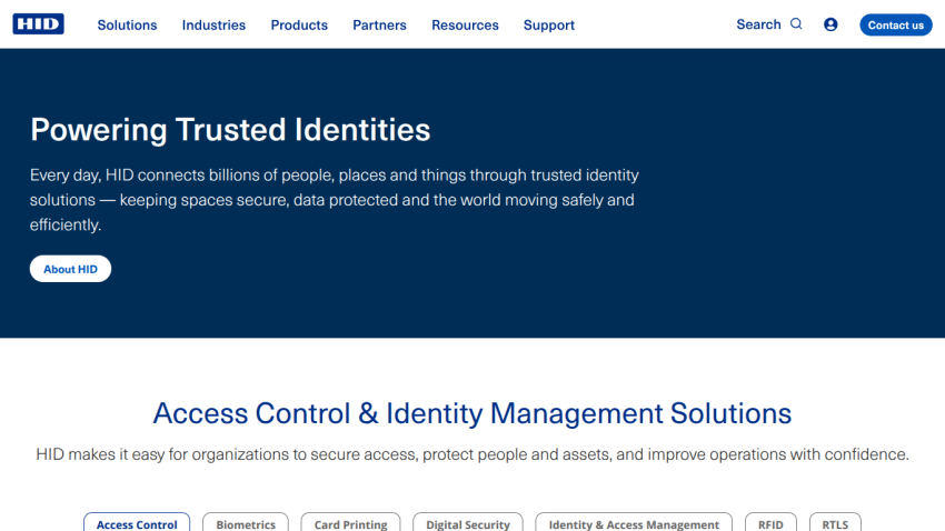 Homepage featuring identity management solutions and a brief description.