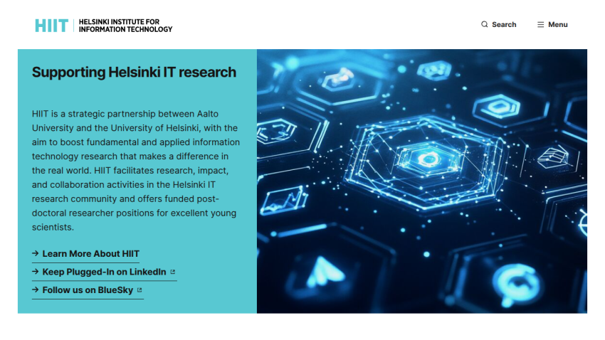 Homepage of HIIT, highlighting support for Helsinki IT research with a blue hexagonal design.