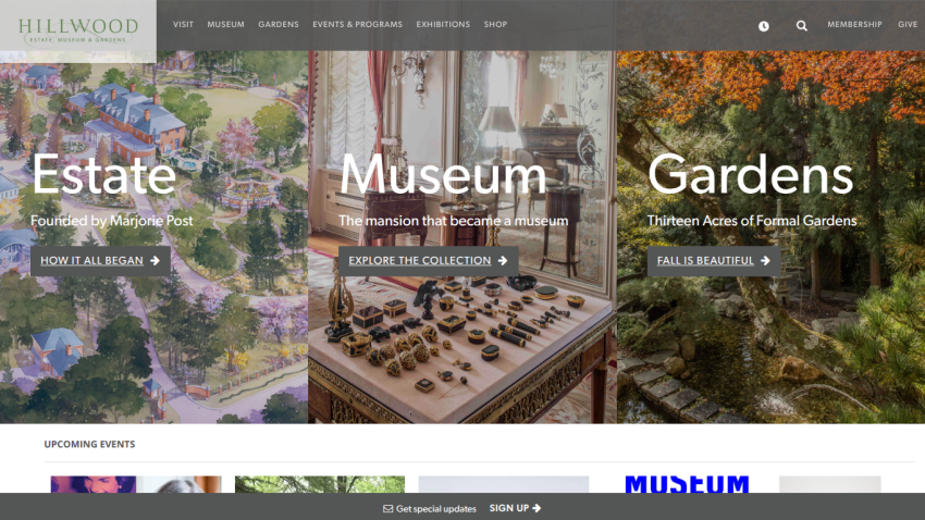 Hillwood Estate, Museum & Gardens homepage highlighting Estate, Museum, and Gardens sections with navigation menu.