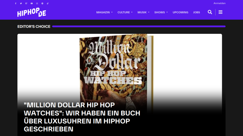 HipHopDE homepage featuring an article titled 'Million Dollar Hip Hop Watches' about luxury watches in hip hop culture