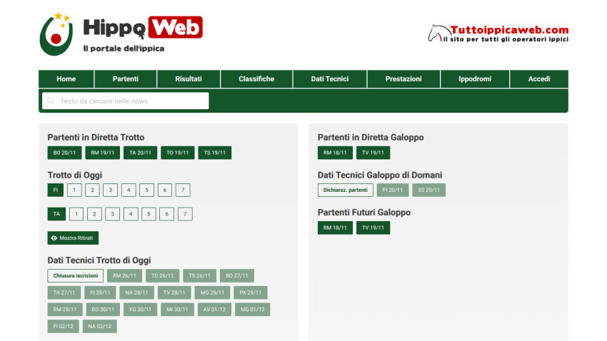 Horse racing portal with navigation menu, search bar, and sections for live trot and gallop race starters and technical data.