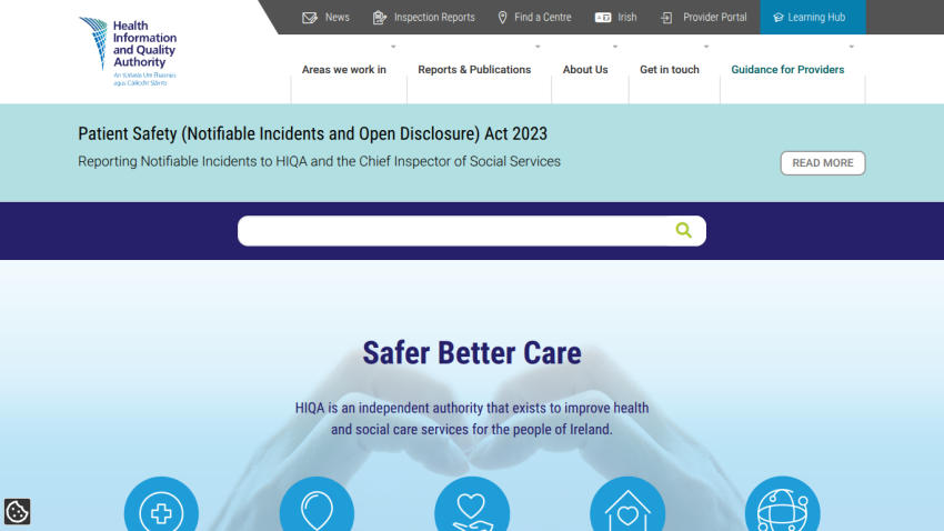 Health Information and Quality Authority homepage with navigation, patient safety act notice, search bar, and Safer Better Care message