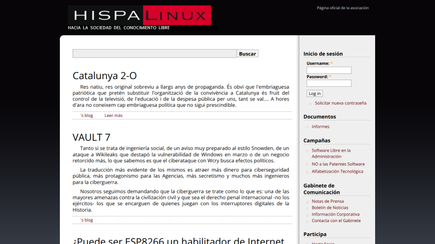 Hispalinux homepage with articles Catalunya 2-O and VAULT 7, search bar, and login form