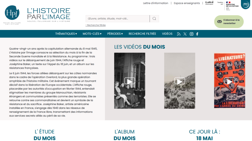 Homepage of L'Histoire par Image featuring monthly videos and historical content.