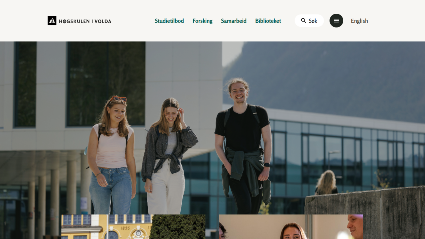 University homepage with navigation links and smiling students walking outdoors on campus