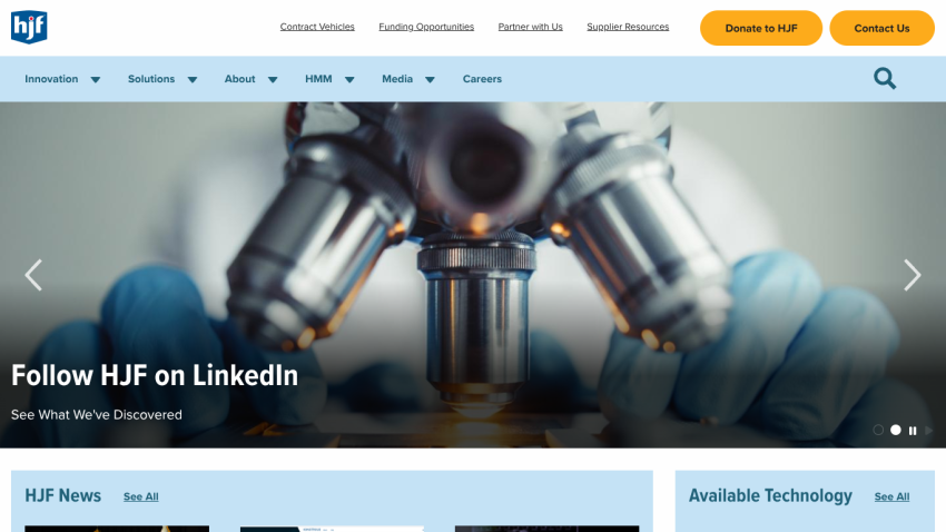 Homepage with navigation menus, call to action to follow HJF on LinkedIn, and news and technology sections below