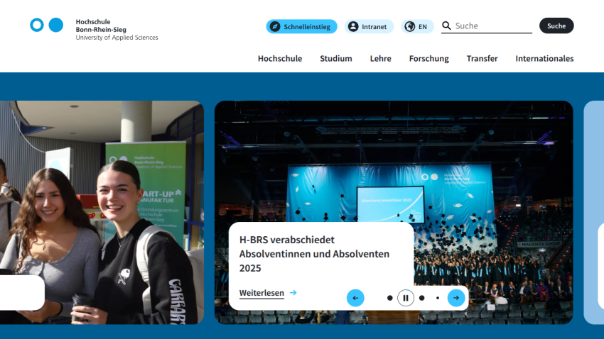 University of Applied Sciences Bonn-Rhein-Sieg homepage with smiling students and announcement of 2025 graduates