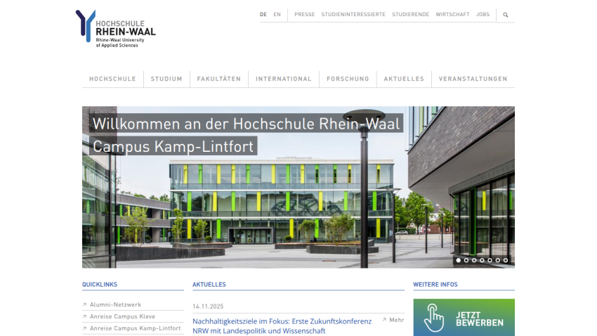 University Rhein-Waal Campus Kamp-Lintfort homepage with navigation menu and campus building image