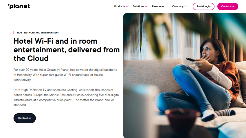 Hotel Wi-Fi and in-room entertainment services delivered from the Cloud by Hoist Group, with contact button
