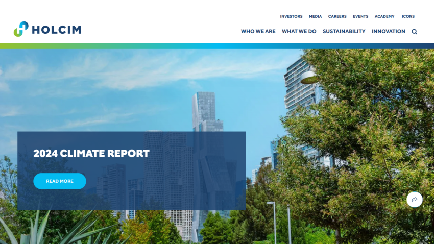 Holcim's 2024 Climate Report section with a call-to-action button.