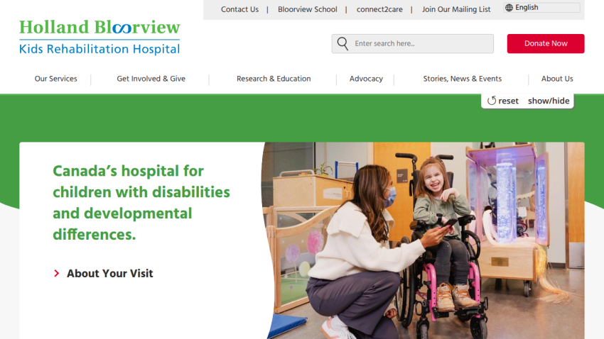Holland Bloorview Kids Rehabilitation Hospital homepage highlighting services for children with disabilities and developmental differences