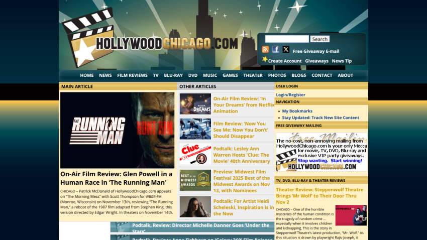 HollywoodChicago.com homepage featuring film reviews, news, and giveaways with a main article on 'The Running Man' film review