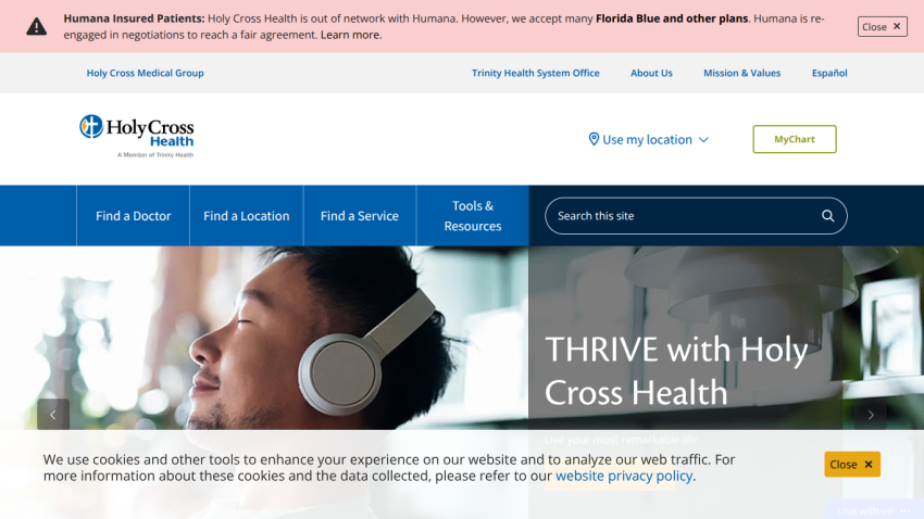 Holy Cross Health homepage with navigation links and hero section titled 'THRIVE with Holy Cross Health'