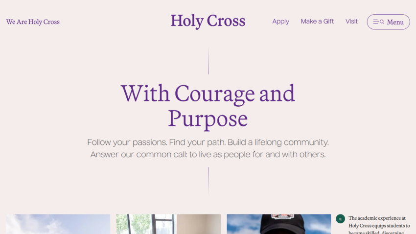 Homepage of Holy Cross featuring the tagline 'With Courage and Purpose' and community-focused text.