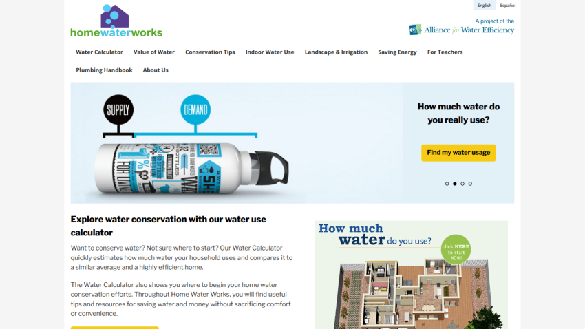 Home Water Works site with water use calculator, conservation tips, and call to action to find water usage