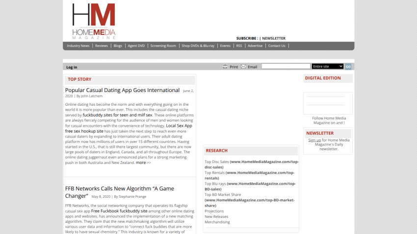 Home Media Magazine homepage with top stories on casual dating apps and research links on disc sales and rentals