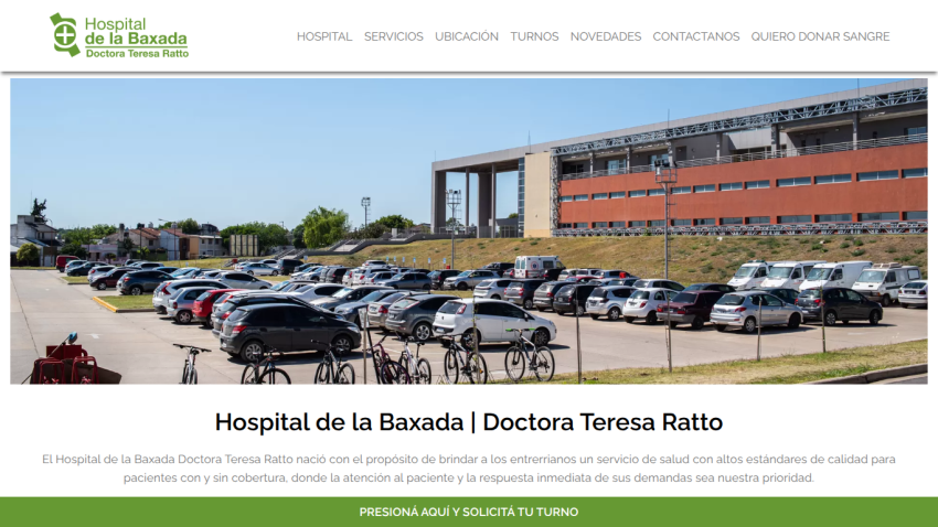 Hospital de la Baxada Doctora Teresa Ratto website with navigation menu and a parking lot hero image.