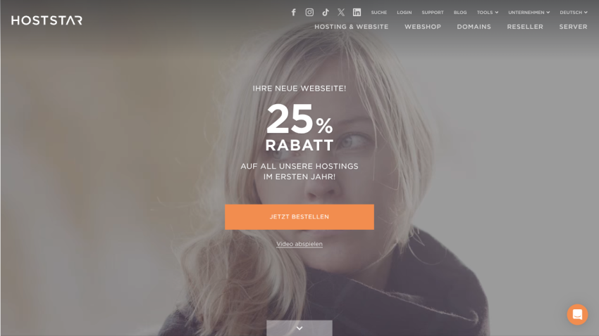 Hoststar homepage with 25% discount offer on hosting services and a call to action button