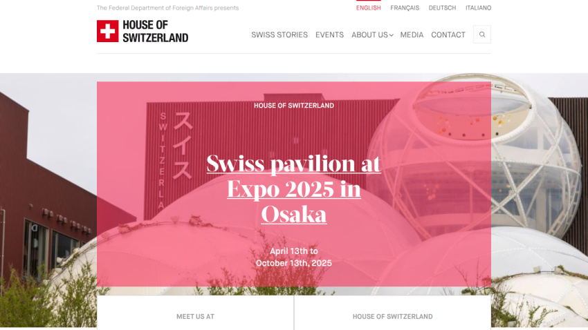 House of Switzerland website promoting Swiss pavilion at Expo 2025 in Osaka from April 13 to October 13, 2025