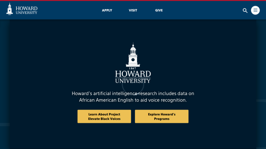 Howard University's AI research project on African American English with buttons for more information.