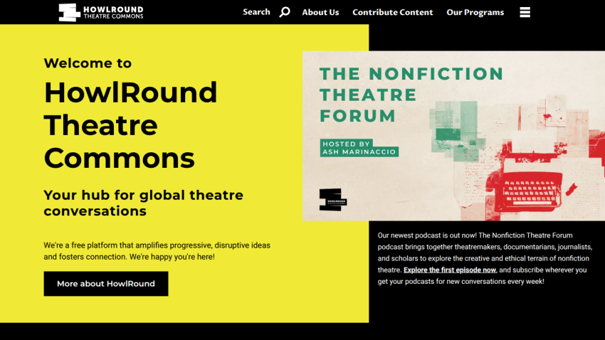 HowlRound Theatre Commons homepage with welcome message, navigation menu, and promotion for The Nonfiction Theatre Forum podcast