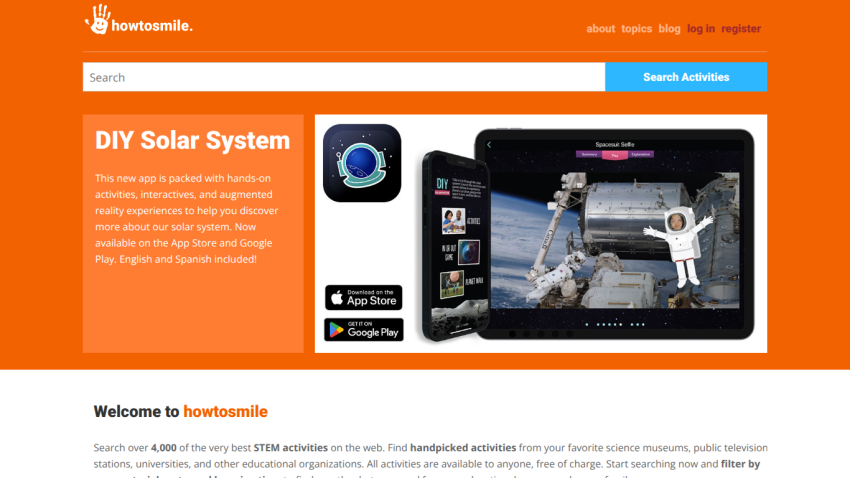 Homepage promoting DIY Solar System app with hands-on STEM activities and search bar for science activities