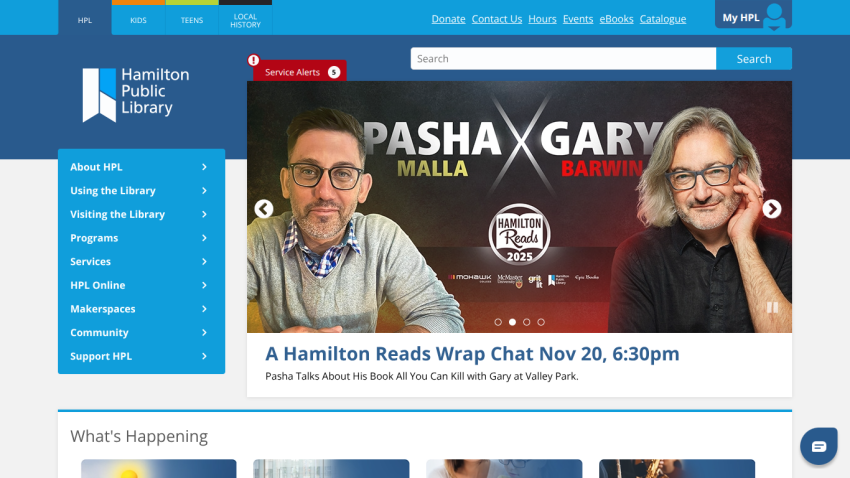 Hamilton Public Library homepage with navigation, search bar, and featured event for Hamilton Reads Wrap Chat Nov 20, 6:30pm
