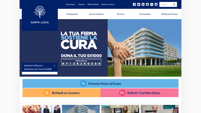 Santa Lucia foundation website with donation appeal and options to book visits, request hospitalization, and access clinical reports