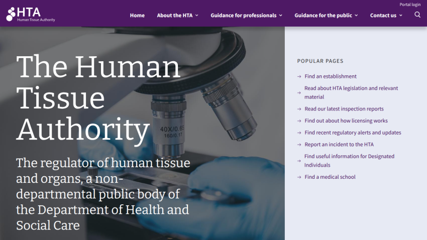 The Human Tissue Authority homepage with navigation and popular pages links, describing it as a regulator of human tissue and organs.