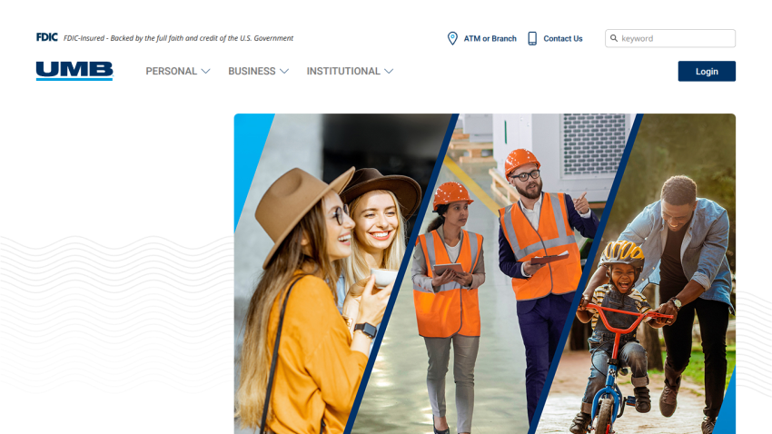 Bank website header with navigation and images of people in casual, work, and family settings