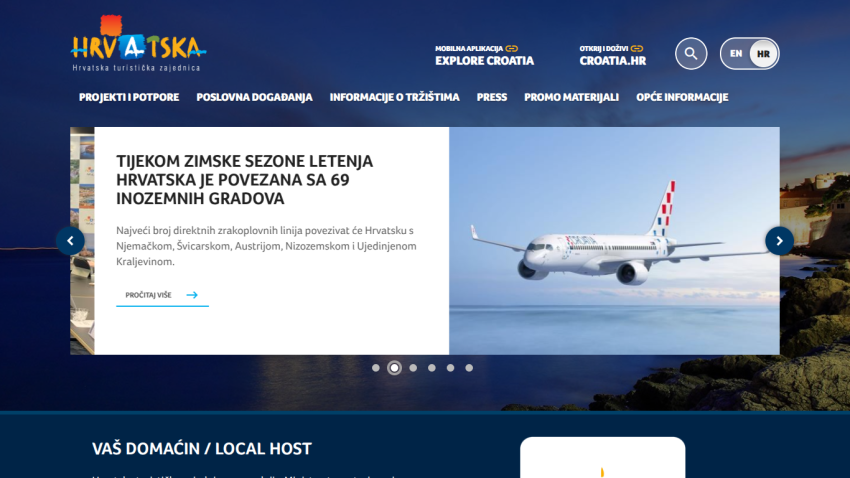 Croatia tourism site showing winter flight connections to 69 foreign cities with an airplane image and navigation menu