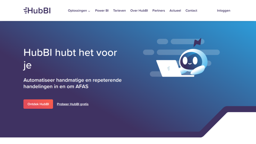 HubBI homepage with navigation and hero section promoting automation of manual and repetitive tasks in and around AFAS