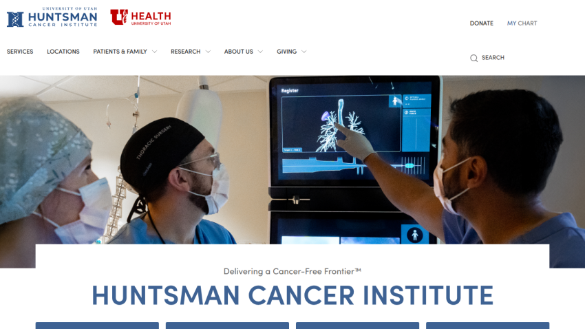 Huntsman Cancer Institute homepage with navigation menu and hero image of medical professionals examining a lung scan.