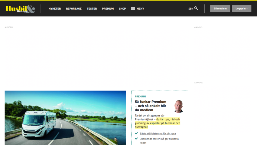 Husbil & Husvagn website announcing end of news updates with a motorhome image and Premium membership info