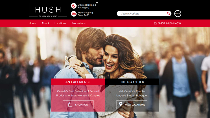 HUSH website featuring a couple, with navigation and promotional sections for products and experiences.