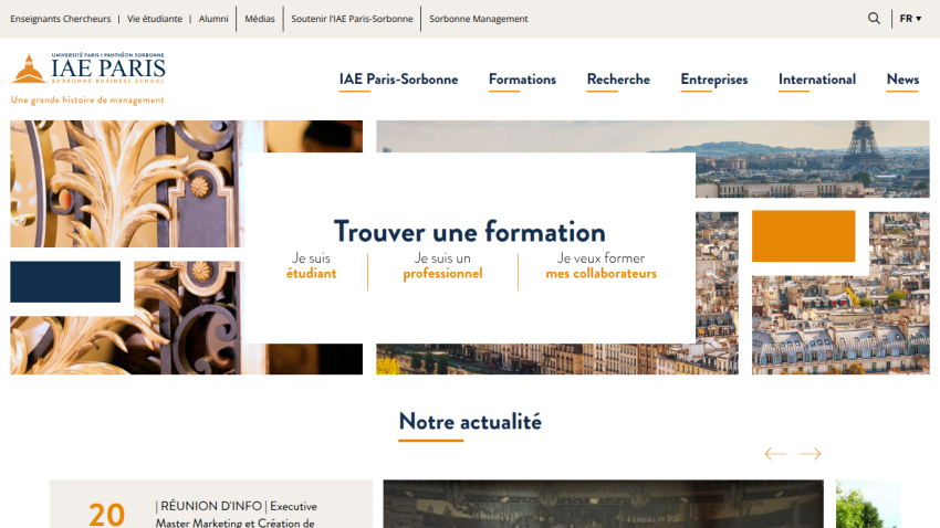 IAE Paris-Sorbonne business school homepage with navigation and training options for students, professionals, and collaborators.