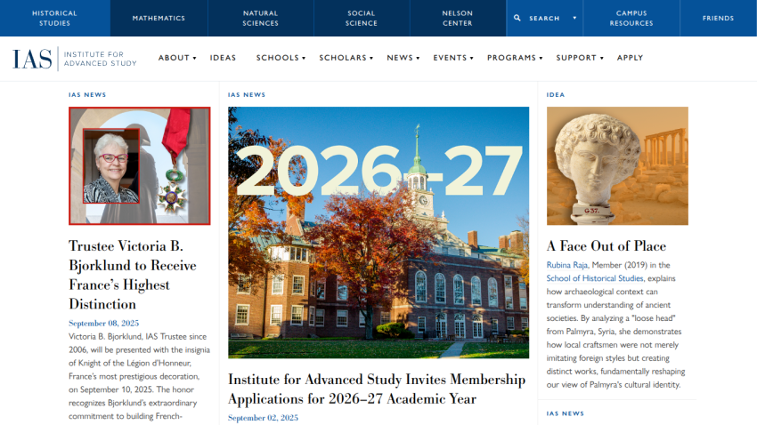 Homepage of IAS featuring news, membership info, and a prominent image of the campus.