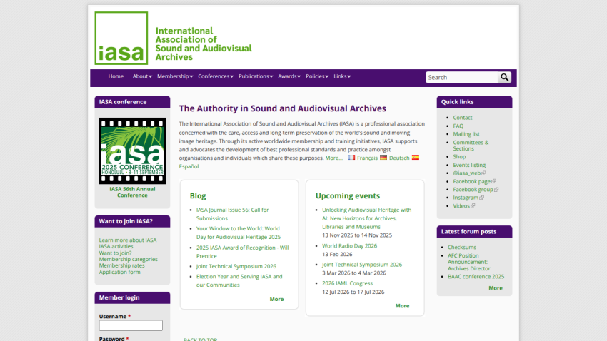 International Association of Sound and Audiovisual Archives homepage with conference info, blog, upcoming events, and quick links