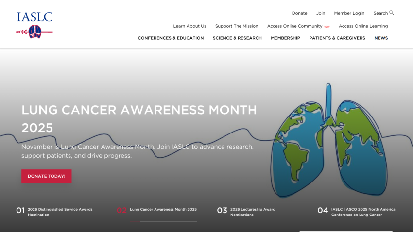 Lung Cancer Awareness Month 2025 promotion with donate button and navigation links on IASLC website