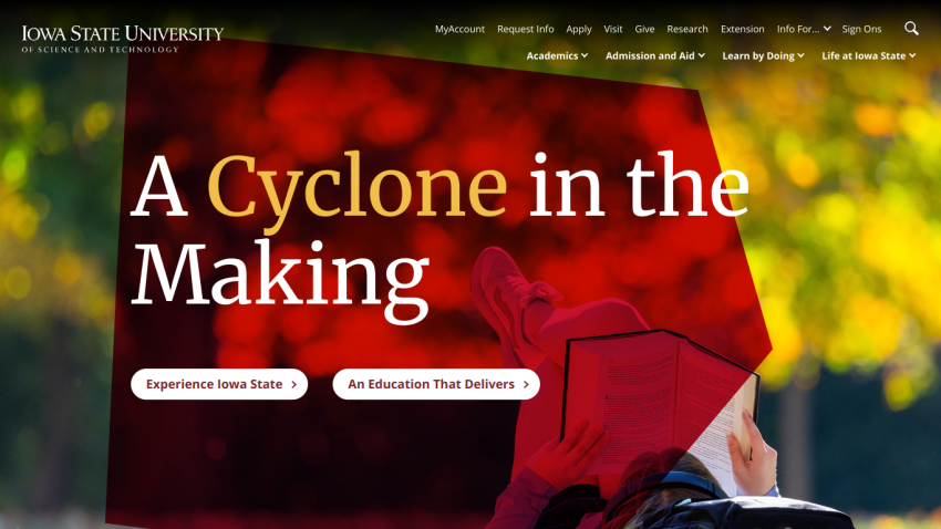Homepage of Iowa State University featuring the headline 'A Cyclone in the Making'.
