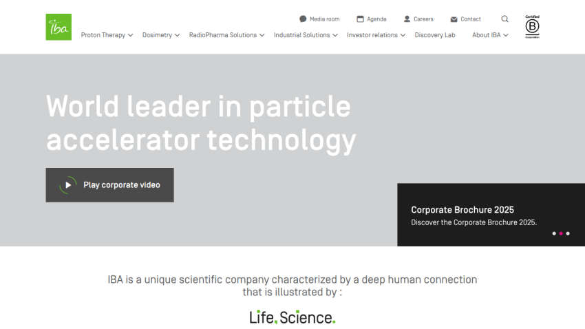 Homepage of IBA showcasing leadership in particle accelerator technology with navigation and corporate brochure highlight