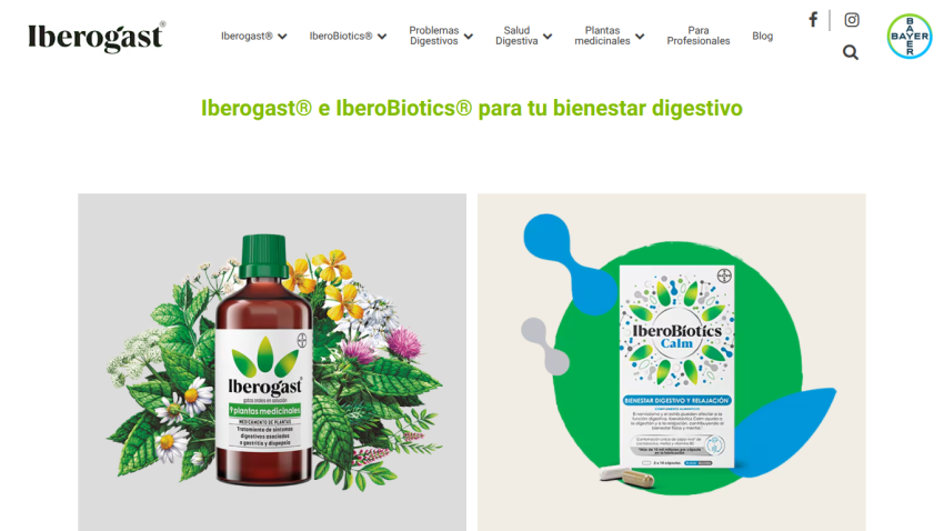 Iberogast and IberoBiotics digestive wellness products with navigation menu and Bayer logo