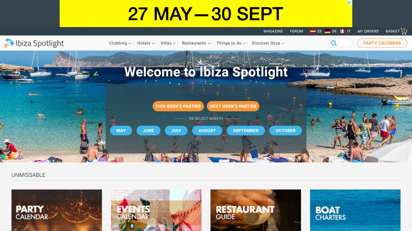 Homepage of Ibiza Spotlight featuring a welcome message and navigation options for events and activities.