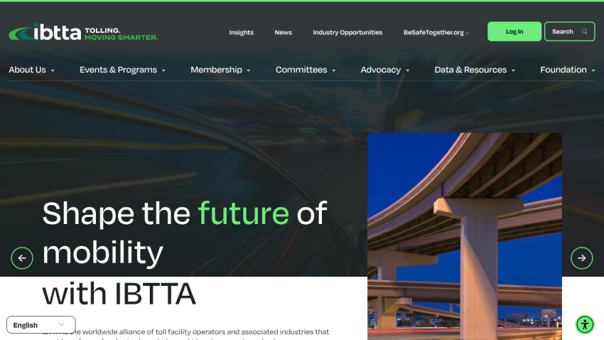 Homepage of IBTTA featuring a highway image and text about shaping the future of mobility.