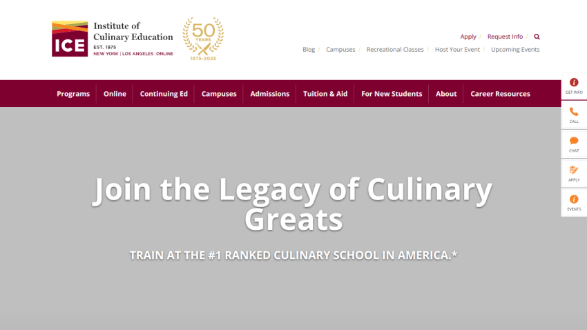 Homepage of the Institute of Culinary Education featuring a call to action for culinary training.