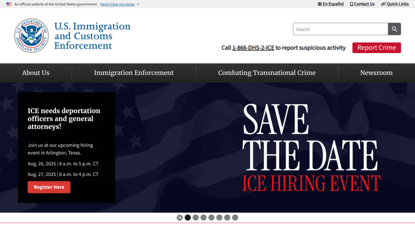 Announcement for ICE hiring event with date and registration button.