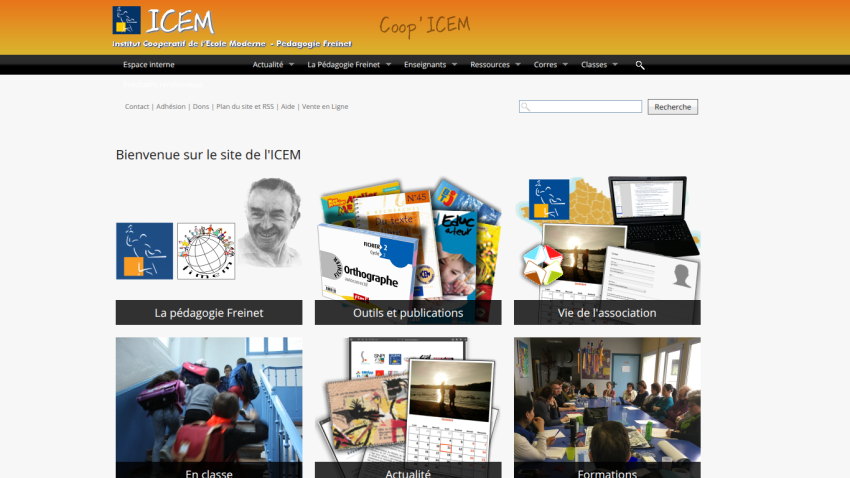 Homepage of ICEM with welcome message and various educational resources displayed.