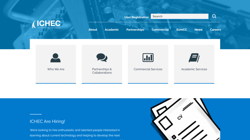 ICHEC homepage with navigation links, user registration, search bar, and hiring announcement