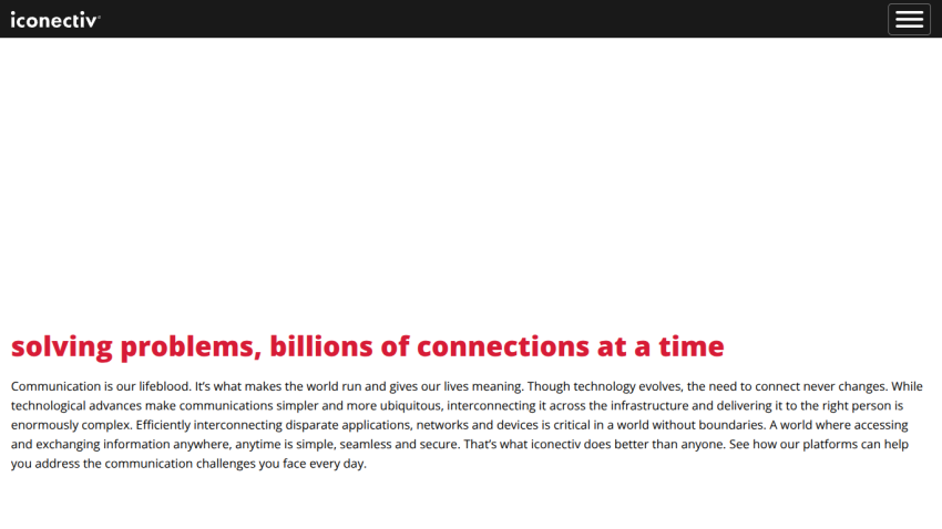 Iconectiv homepage with a cityscape background and text about solving communication challenges and billions of connections
