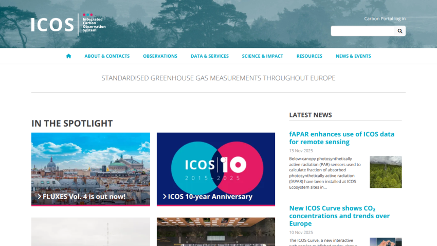 ICOS website homepage with navigation, search, and featured news on greenhouse gas measurements in Europe